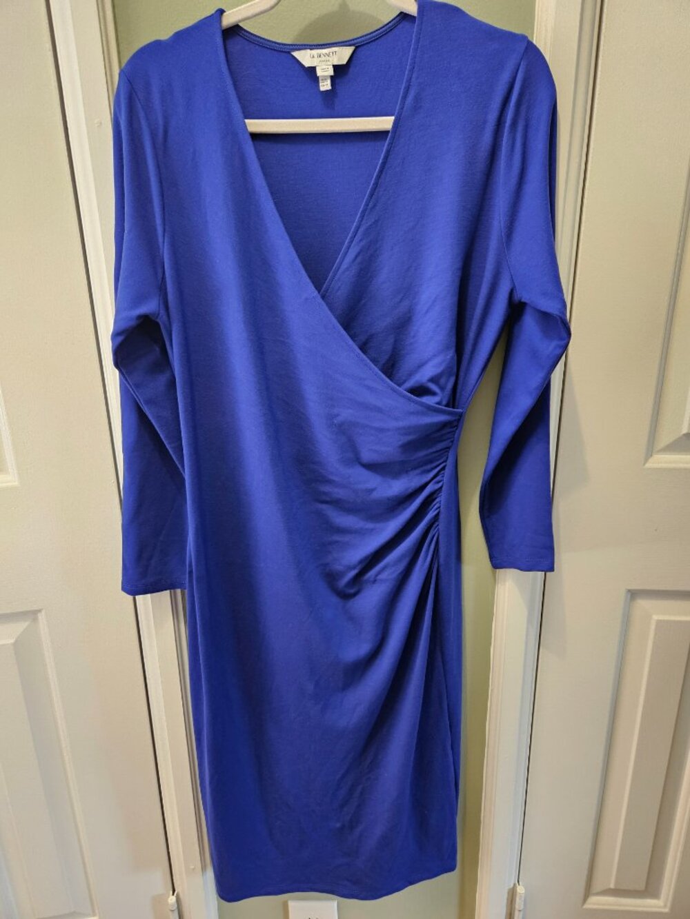 LK Bennett Royal Blue Jersey Wrap Dress US 12 Ruched Faux Wrap Office or Party